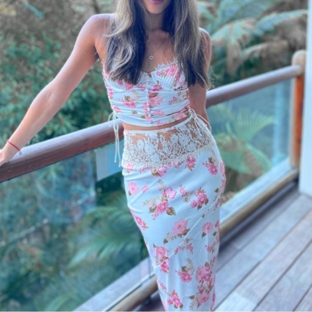 For Love & Lemons Melrose White Satin Floral Lace Bustier Top & Skirt Set
